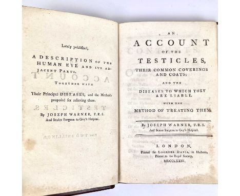 AN ACCOUNT OF THE TESTICLES By Joseph Warner. (1774) London: Lockyer Davis. First edition. Fine full leather (1)