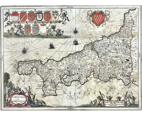 JAN JANSSON. 'Cornubia sive Cornwallia,' Hand coloured copper engraved map, splitting to top of centre fold, toning, latin te