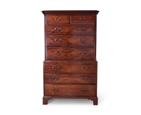 A GEORGE III MAHOGANY TALLBOY  LATE 18TH CENTURY  The upper section with a dentil moulded cornice above two short and three g
