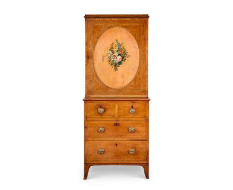 Y&nbspAN GEORGE III FIDDLEBACK MAHOGANY, SYCAMORE AND TULIPWOOD CABINET-ON-CHEST CIRCA 1780    With a low gallery to the top 