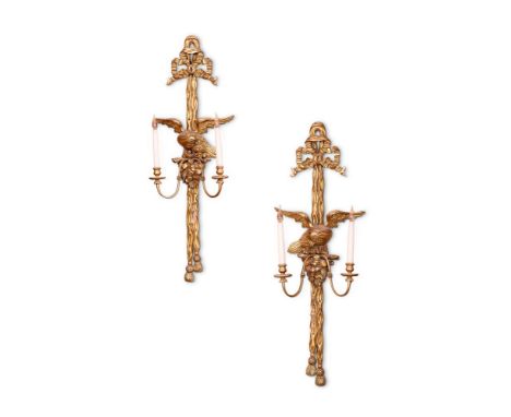 A PAIR OF GEORGE III STYLE GILTWOOD TWIN BRANCH WALL-LIGHTS  EARLY 20TH CENTURY  Each with a ribbon-tied rockwork backplate w