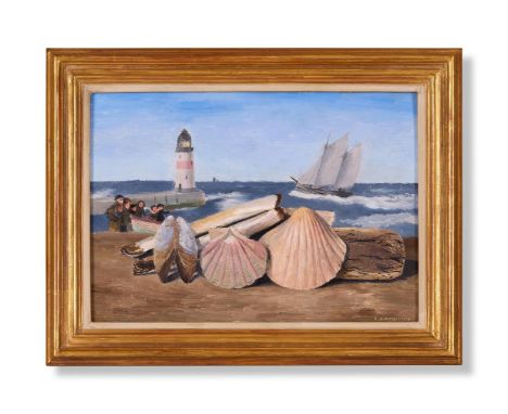 λ &nbspRICHARD EURICH (BRITISH 1903-1992)  SHELLS ON A BEACH WITH FIGURES, A FISHING BOAT AND LIGHTHOUSE  Oil on panel Signed