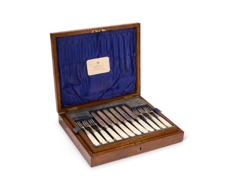 Y&nbspA CASED SET OF TWELVE SILVER AND MOTHER OF PEARL HANDLED FRUIT KNIVES AND FORKS TWELVE KNIVES AND TEN FORKS BY HARRISON