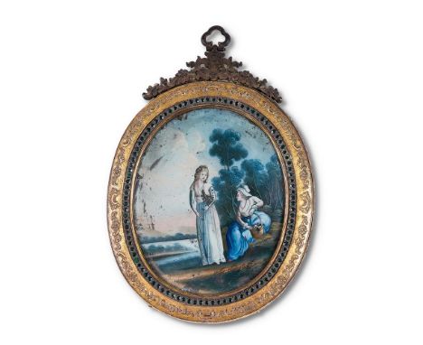 AN UNUSUAL GILT METAL FRAMED DOUBLE SIDED MIRROR  POSSIBLY AUSTRIAN OR FRENCH, LATE 18TH CENTURY  Reverse painted panel to on