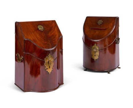 A GEORGE III MAHOGANY KNIFE BOX  CIRCA 1800  Later adapted as a voting box, of bowfront form with scrolling claw feet  34cm h