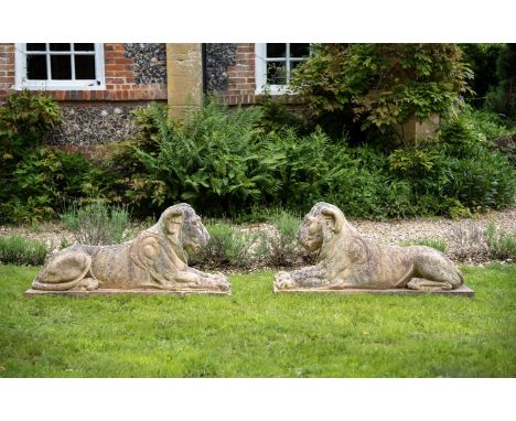 A PAIR OF ARTIFICIAL STONE MODELS OF RECUMBENT LIONESSES  AFTER COADE, LATE 19TH/EARLY 20TH CENTURY  Each on a moulded rectan