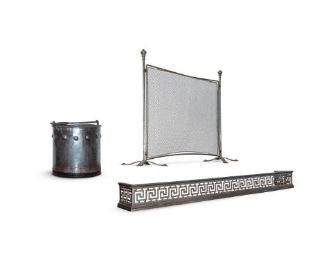 FIREPLACE METALWARE AND FURNITURE TO INCLUDE:  A pair of polished steel andirons with scrolled finials, 42cm high  A set of t