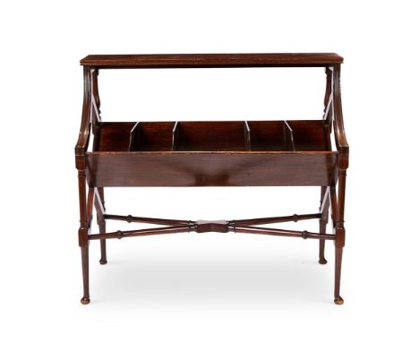 A MAHOGANY LIBRARY BOOK TROUGH 20TH CENTURY  With a rectangular shelf above a divided trough on turned legs joined by stretch