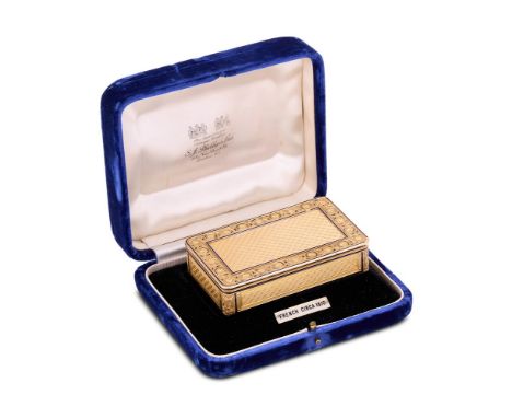 A FRENCH VARI-COLOURED GOLD AND ENAMEL SNUFFBOX  CIRCA 1810  Oblong, the hinged cover chased with central trellis within a fo