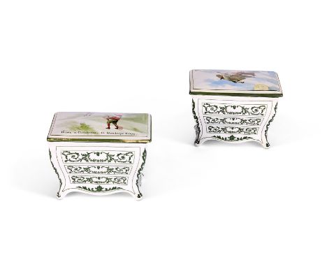 A PAIR OF ROYAL DOULTON POTTERY NURSERY RHYME BISCUIT BOXES FOR HUNTLEY AND PALMER  CIRCA 1905  Of commode form, decorated af