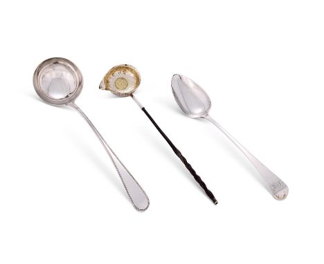 A GEORGE III OLD ENGLISH PATTERN SOUP LADLE MAKER'S MARK OBSCURED, LONDON 1788 36cm (14in) long  Together with a George III O