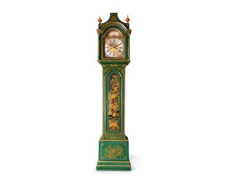 A GEORGE II/III GREEN JAPANNED EIGHT-DAY LONGCASE CLOCK    THE MOVEMENT AND DIAL BY JOHN BURGES, GOSPORT, CIRCA 1730, THE CAS