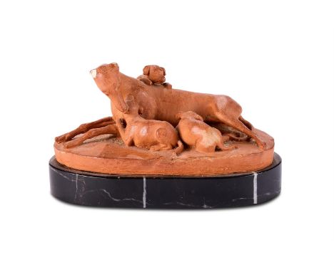 JOSEPH GOTT (BRITISH, 1786-1860)  A TERRACOTTA GROUP OF A DOG WITH HER THREE YOUNG PUPPIES  1830  Oval base signed and dated 