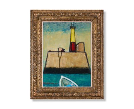 λ&nbspALAN LOWNDES (BRITISH 1921-1978)  BOAT AND LIGHTHOUSE, ST. IVES  Oil on canvas Signed and dated 1961 (lower left), furt