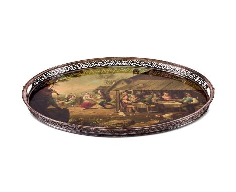 A SHEFFIELD PLATE MOUNTED TÔLE PEINTE TWIN HANDLED OVAL TRAY  MID 19TH CENTURY  Decorated with peasants cavorting and merryma