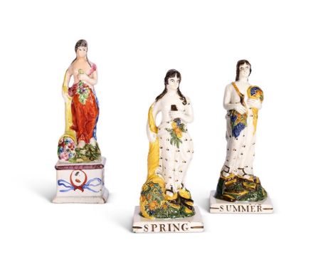 A PAIR OF DIXON, AUSTIN & Co. (SUNDERLAND) PEARLWARE FIGURES EMBLEMATIC OF 'SPRING' AND 'SUMMER' FROM A SERIES OF THE FOUR SE