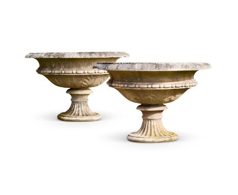 A LARGE PAIR OF MARBLE PEDESTAL TAZZA  19TH CENTURY  Circular bodies on fluted spreading socles and square bases  approximate