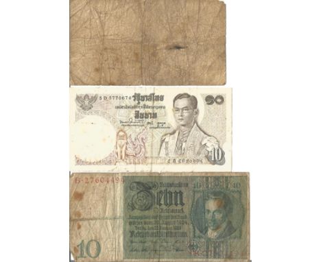 3 x Vintage Banknotes Including 1929 10 Reichsmark with Head Watermark, 1942 2 Shillings Malta War Money printed on one Side,