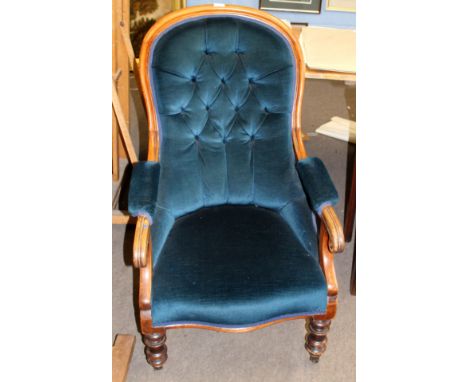 Victorian mahogany blue green button back upholstered gents armchair