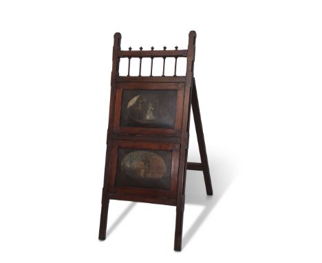 Victorian mahogany framed easel back music stand with painted oval panels of a maiden and a knight and a further water collec
