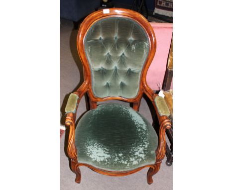 Victorian mahogany stained gents chair with green button back upholstery