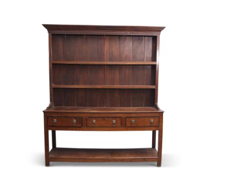 Late Georgian mahogany oak dresser having a two-shelf panelled back, the base section of three drawers with ebonised beading 