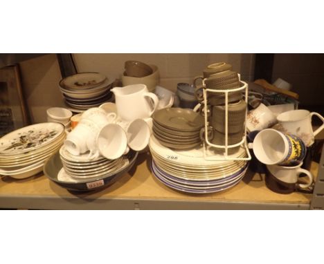 Shelf of mixed ceramics, cutlery, plates, cups and saucers etc 