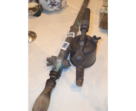 Everest brass and wood spray syringe and small pressure blow lamp with wood covered handle 