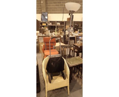 Lloyd Loom chair, tables, lamp and four chrome frame chairs etc