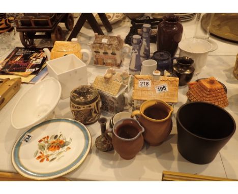 Box of mixed ceramics including a large lustre vase, tea casket, five cottage teapots and a spare lid, plus a Royal Worcester
