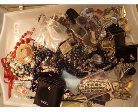 Tray of assorted jewellery including watches, compact etc