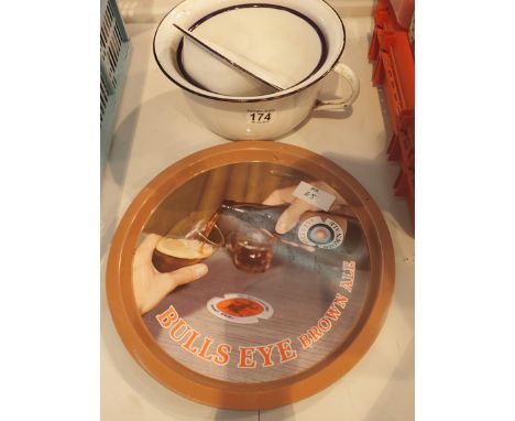 Bulls Eye Brown Ale tray x 2 and tin bowls and pot 