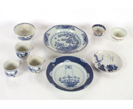 A Chinese blue and white export ware bowl;&nbsp;a 19th Century plate with basket on flowers decoration, character mark to the