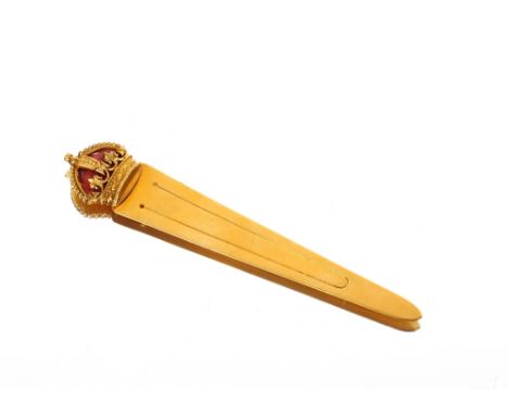A yellow metal bookmark,&nbsp;with enamel decorated crown, tested as 14ct gold, 8gms total weight, in case by F.W. Hartley Lt