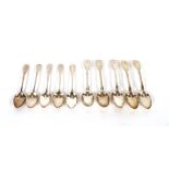Five Victorian silver Fiddle pattern teaspoons, monogrammed, London 1839 and five George III Old