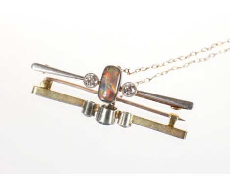 A yellow metal and white metal opal and diamond set bar brooch, 7.2gms, 5.3cm, diamonds approx. 0.25 carat each