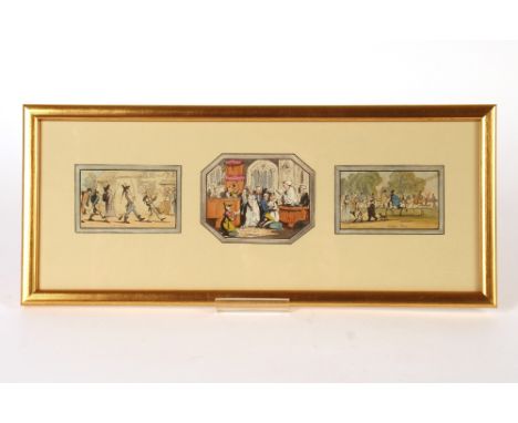 Rowlandson, three coloured caricature prints in common frame