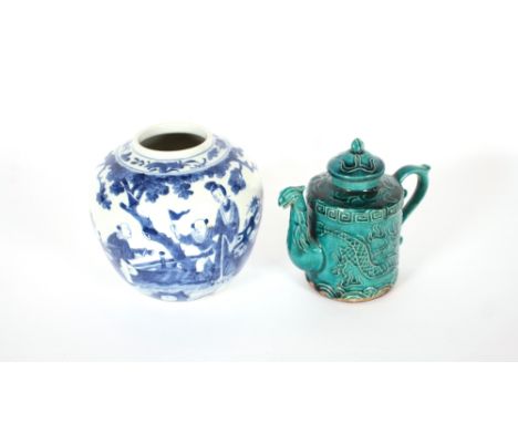 A late 19th Century Chinese blue and white ovoid vase,&nbsp;painted with figures in a landscape, 16cm high; and a turquoise g