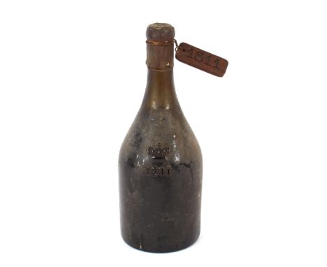 Believed Cognac&nbsp;1811 green glass bottle, embossed 1811 and Crown, having seal and wooden cellar bin tag, 26cm high&nbsp;