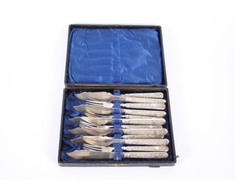 A cased set of Chinese export silver fish knives and forks,&nbsp;by Wang Hing