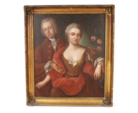 18th Century school, portrait study of a husband and wife in front of roses, unsigned oil on canvas, 95cm x 82cm contained in