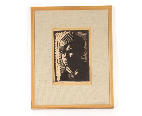 Cor Visser 1903-1982,&nbsp;self portrait at the age of fifteen, signed and dated 1919, lino cut, 35cm x 23cm&nbsp;