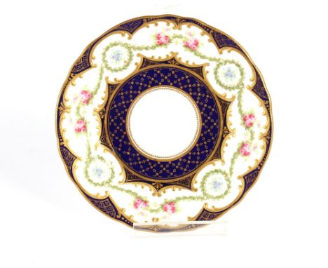 A Venetian tea plate,&nbsp;with lace pattern on blue ground; a Victorian plate with ribbon decoration; a Royal Copenhagen flo