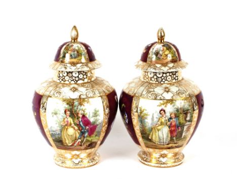 A pair of late 19th Century Dresden style baluster vases and covers, the panels decorated with romantic scenes and foliate sp