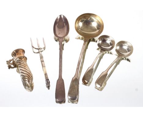 A Fiddle pattern plated soup ladle, bearing crest; a matching basting spoon; a pair of sauce ladles; a plated ham bone holder