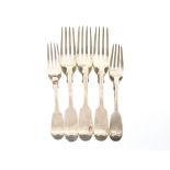 Three Victorian silver dinner forks, crested, London 1856; a matching dessert fork; and another,