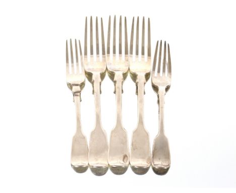Three Victorian silver dinner forks, crested, London 1856; a matching dessert fork; and another, 325gms