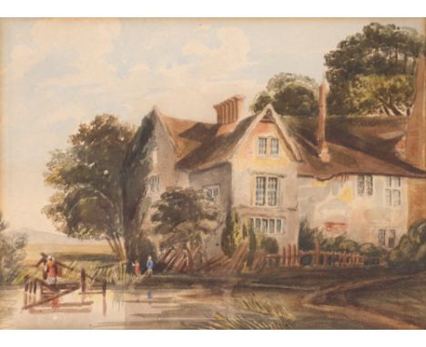 Lady Harriet Beresford 1788-1860,&nbsp;Chaplins study of country house with figures playing beside nearby pond, unsigned wate
