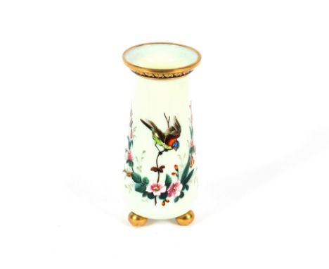 A fine quality Victorian opaque glass vase, with enamel decoration of birds, butterflies and foliage, 19.5cm&nbsp;