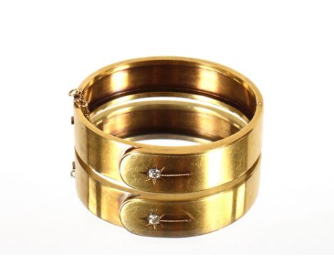 A yellow metal snap bangle, engraved '16th Annual Prize Meeting, won by F.A. Conyers' tested as 14ct gold with 9ct gold safet